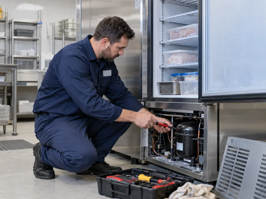 Technician repairing a commercial freezer