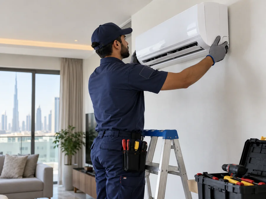 Technician installing a new wall-mounted air conditioner