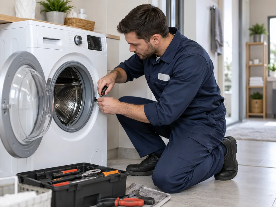 Technician repairing a front-load washing machine